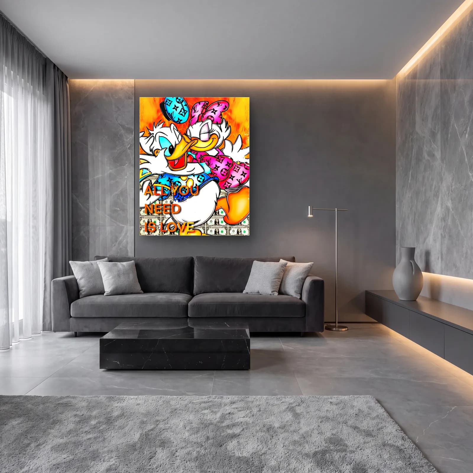 All You Need Is Love Donald ve Daisy cam tablo — lüks salon duvarında