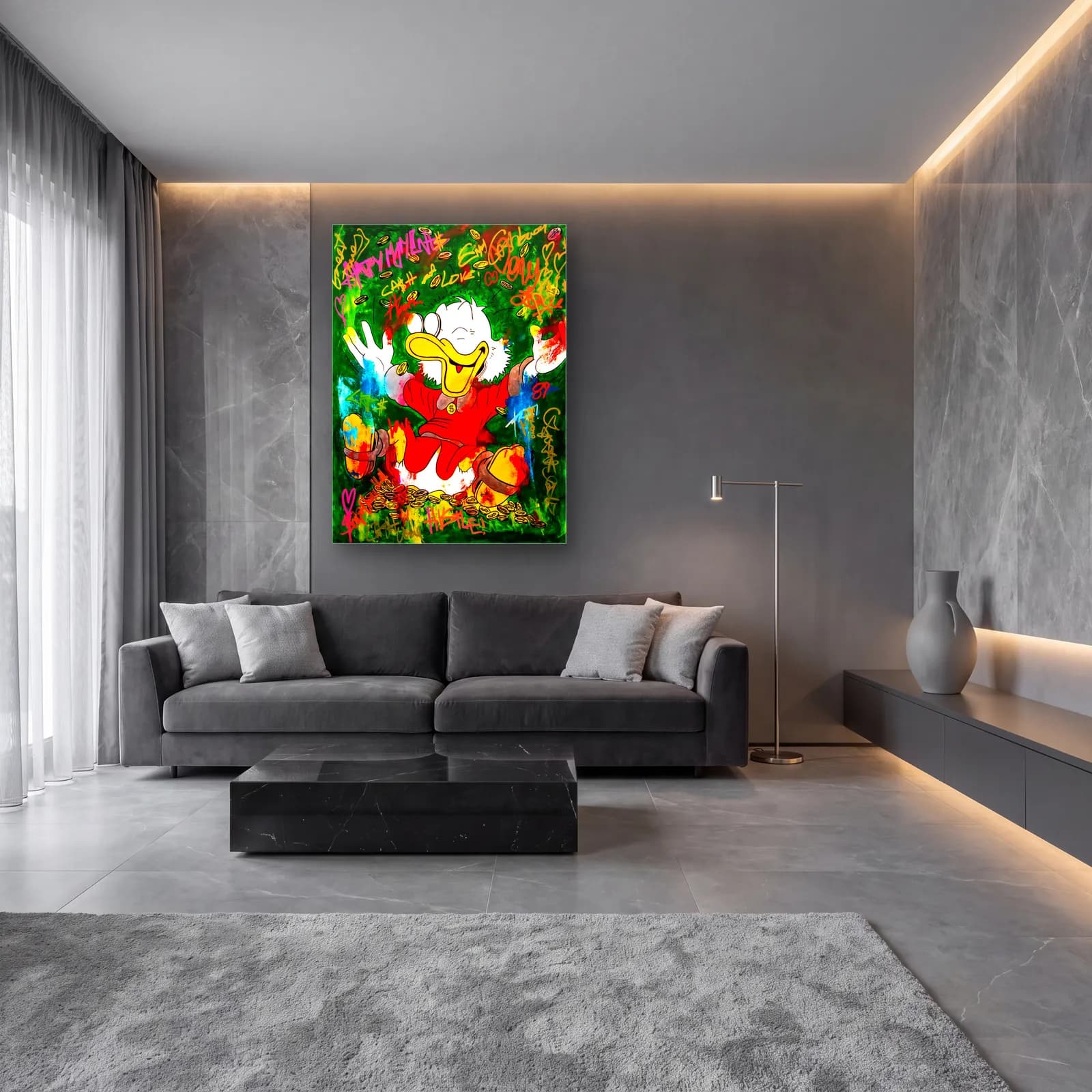 Yeşil Grafitili Mutlu Scrooge cam tablo — lüks salon duvarında