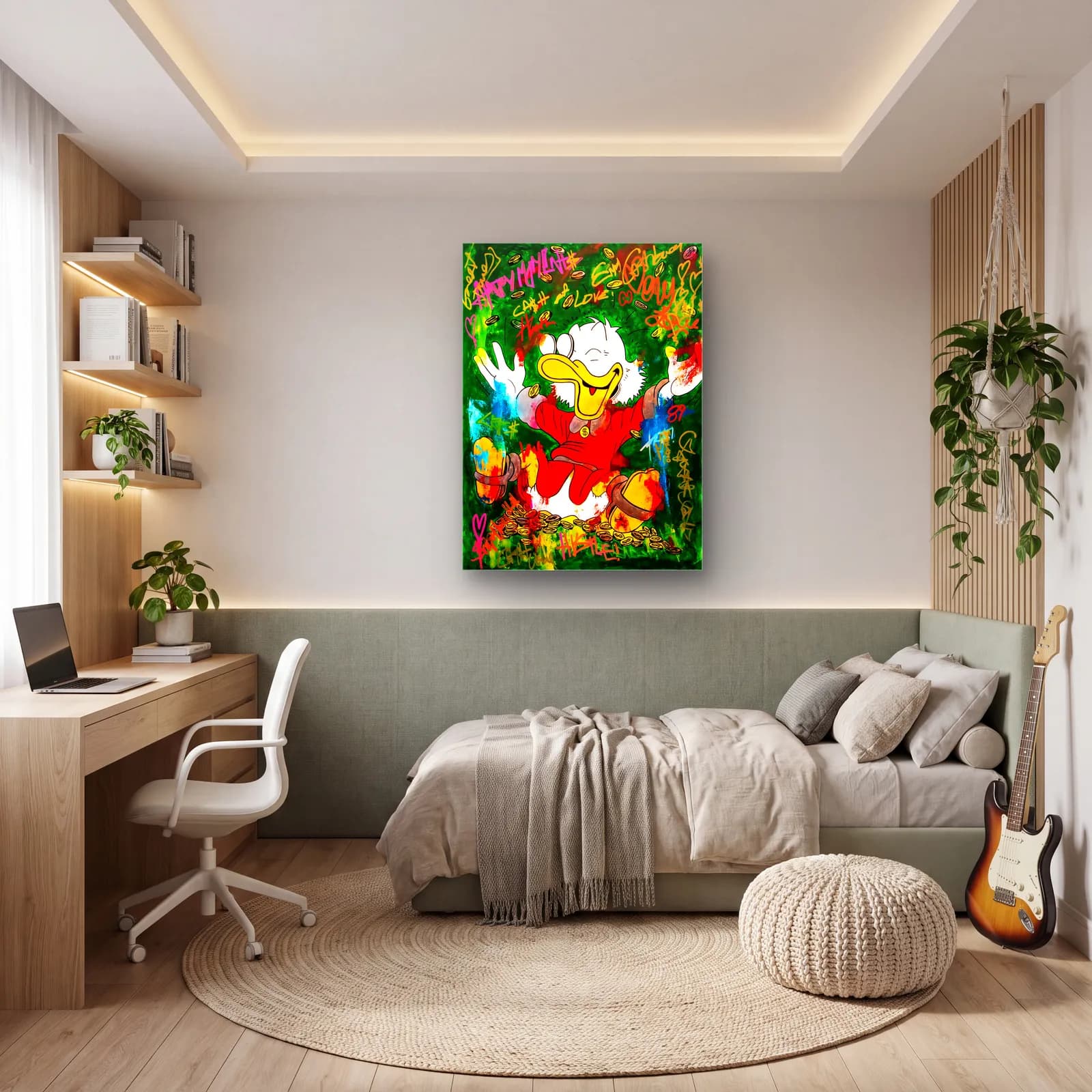 Yeşil Grafitili Mutlu Scrooge cam tablo — genç odasında