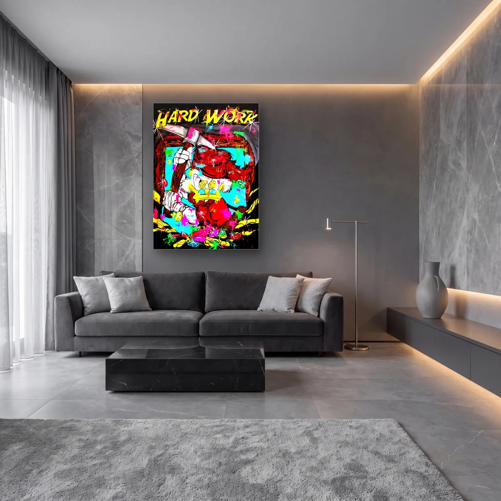 Hard Work Kazmalı Scrooge cam tablo — lüks salon duvarında