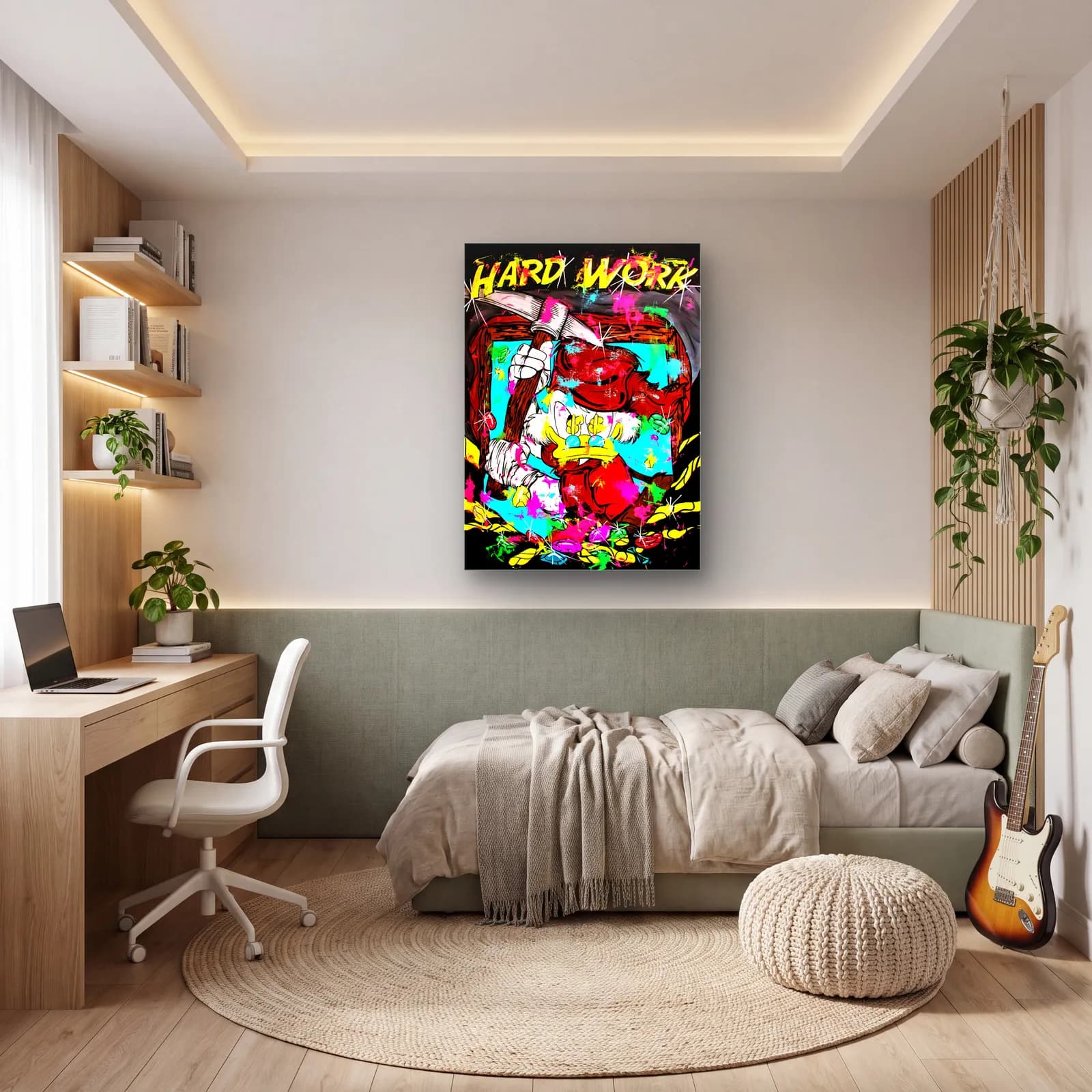 Hard Work Kazmalı Scrooge cam tablo — genç odasında