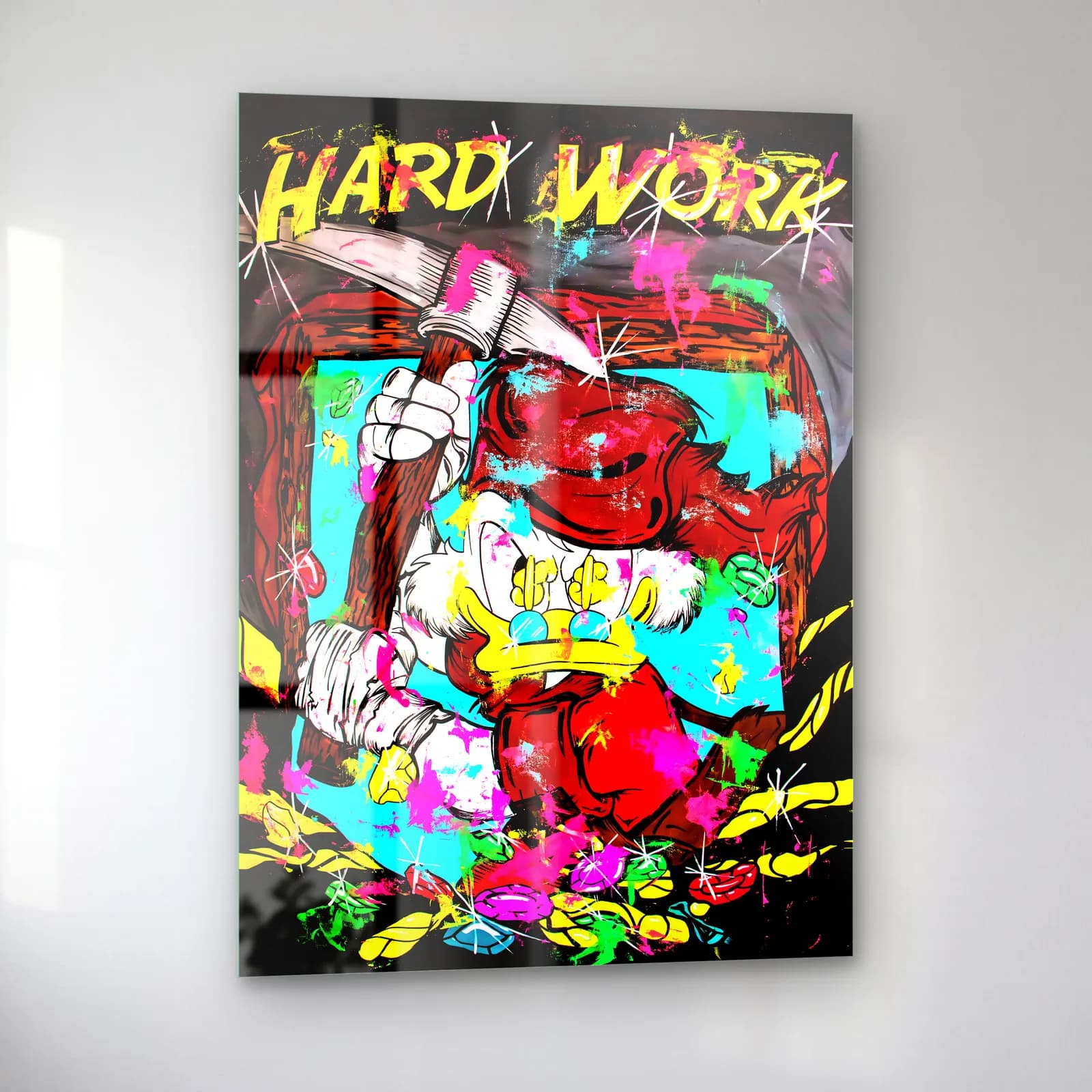 Hard Work Kazmalı Scrooge cam tablo — sol açıdan görünüm