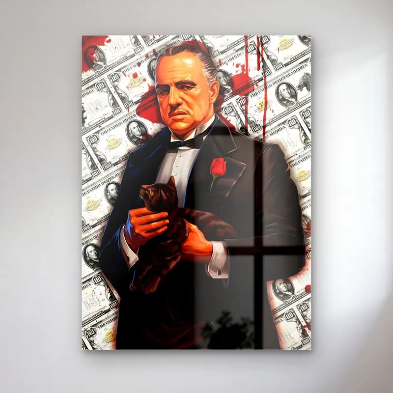 Baba Vito Corleone Dolar cam tablo — Dolar banknotları önünde smokinli ve kucağında kedi tutan Vito Corleone
