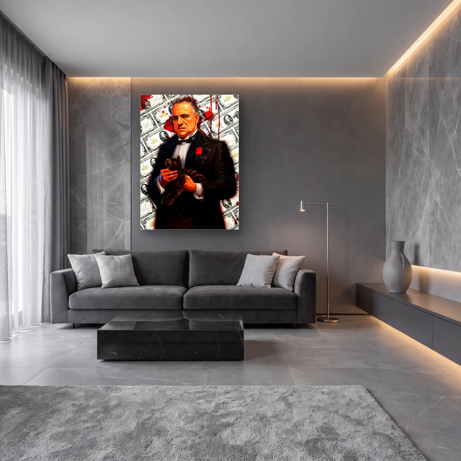 Baba Vito Corleone Dolar cam tablo — lüks salon duvarında