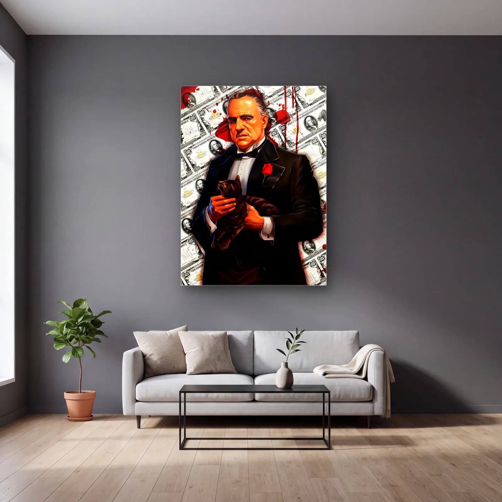 Baba Vito Corleone Dolar cam tablo — gri duvarlı salonda
