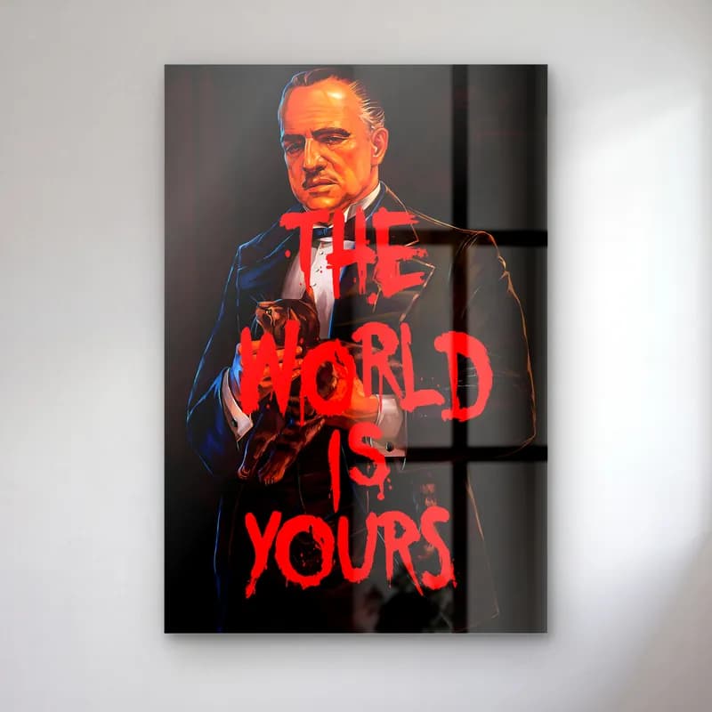 The World Is Yours Godfather cam tablo — Siyah fonda Vito Corleone portresi üzerinde kırmızı The World Is Yours yazısı