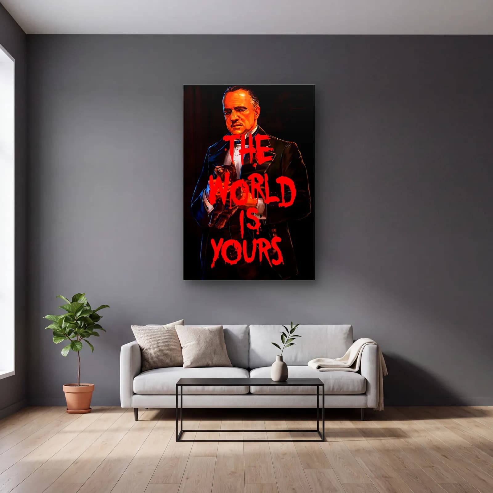 The World Is Yours Godfather cam tablo — gri duvarlı salonda