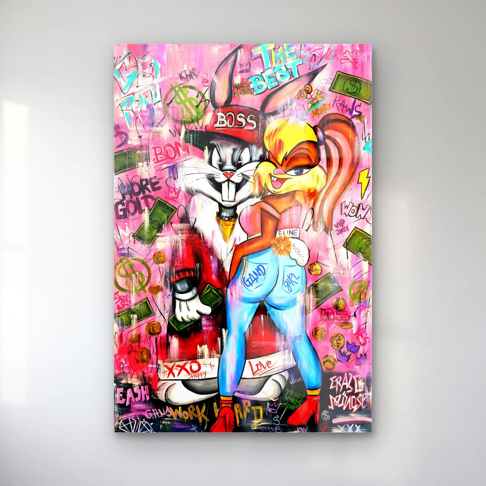 Boss Bugs Bunny ve Lola cam tablo — Grafiti yazılı pembe fonda Boss şapkalı Bugs Bunny ve kot giymiş Lola Bunny