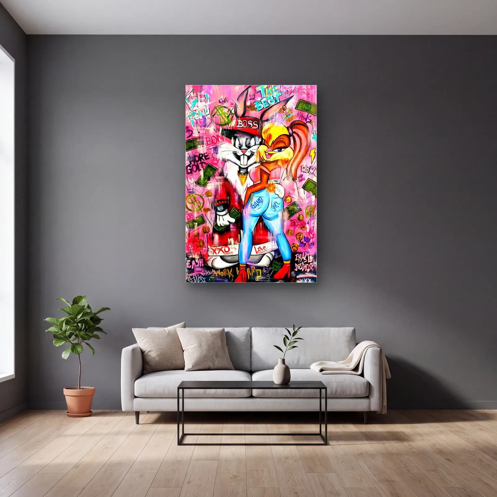 Boss Bugs Bunny ve Lola cam tablo — gri duvarlı salonda