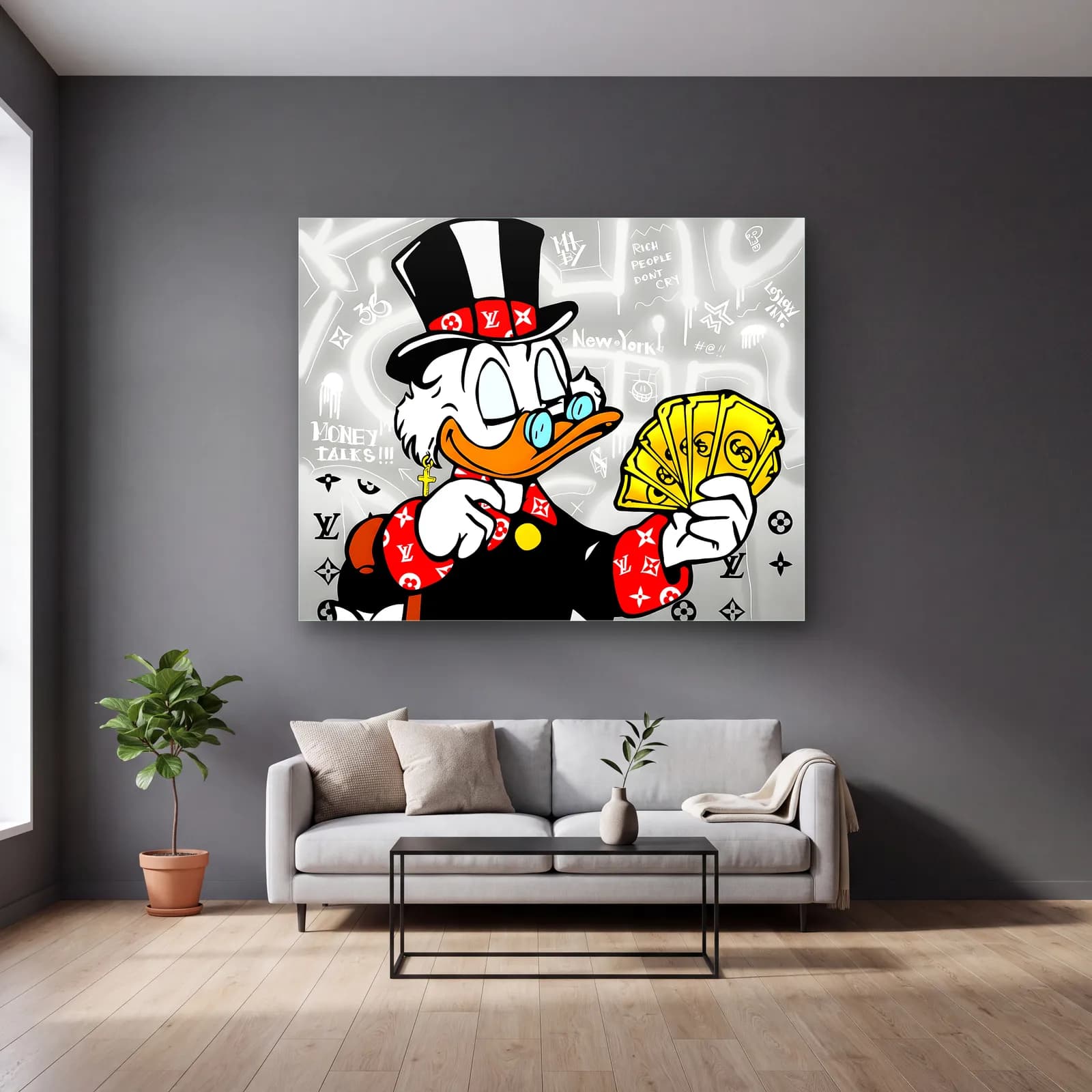 Money Talks Scrooge McDuck cam tablo — gri duvarlı salonda