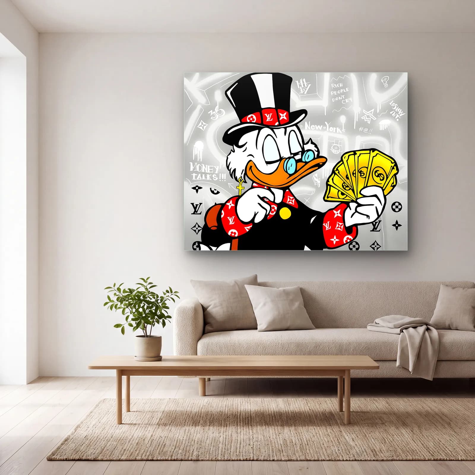Money Talks Scrooge McDuck cam tablo — açık renk salonda