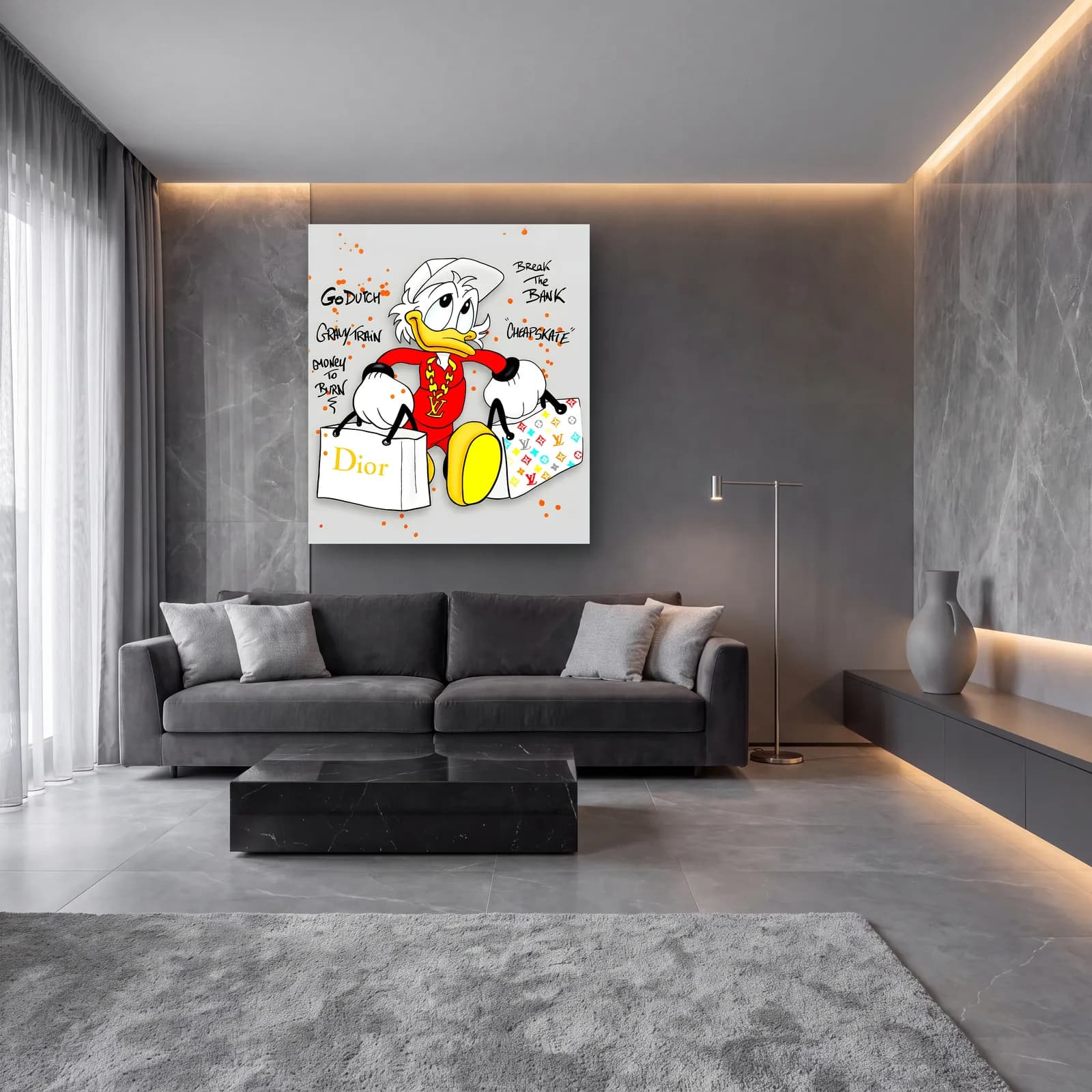 Alışverişçi Scrooge McDuck cam tablo — lüks salon duvarında