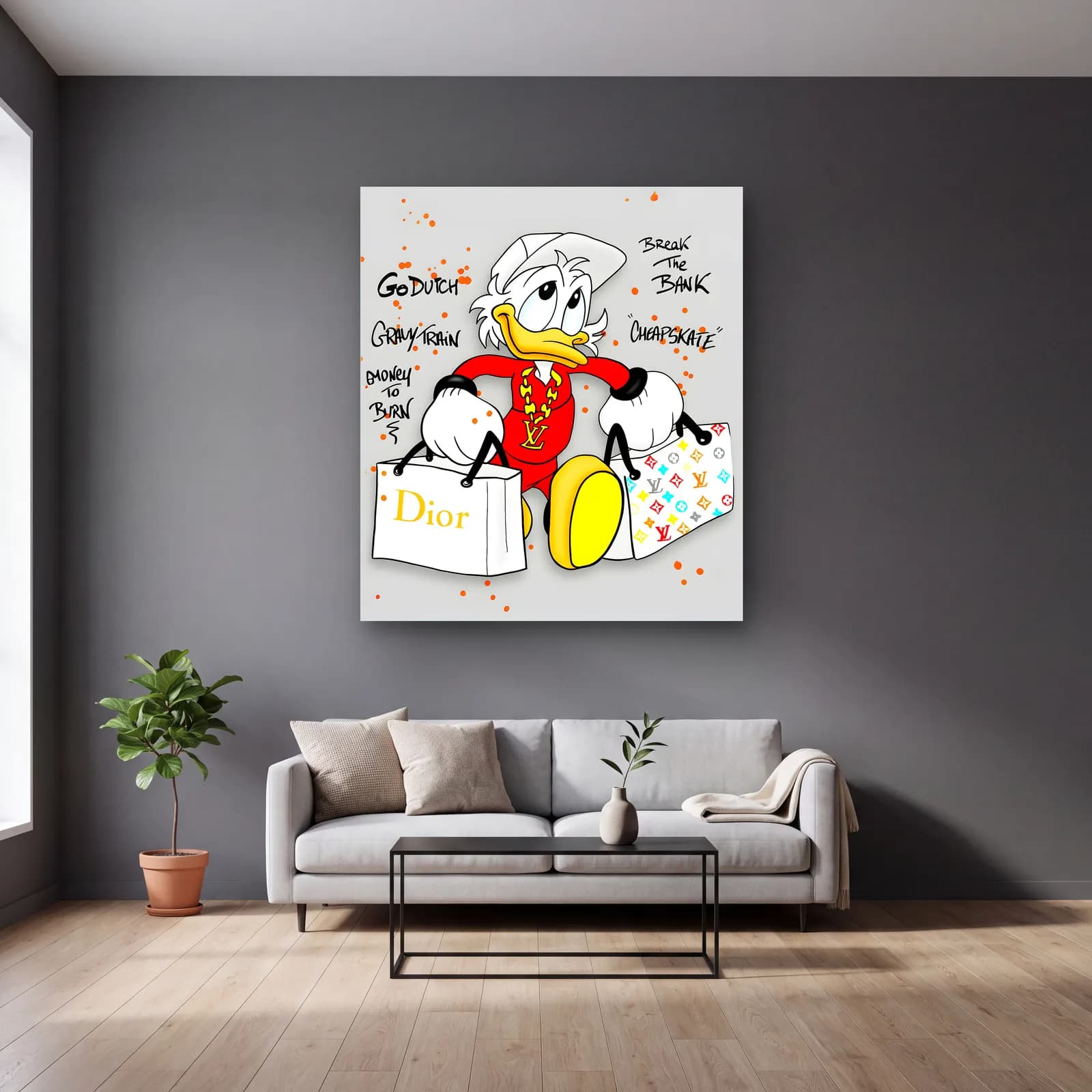 Alışverişçi Scrooge McDuck cam tablo — gri duvarlı salonda