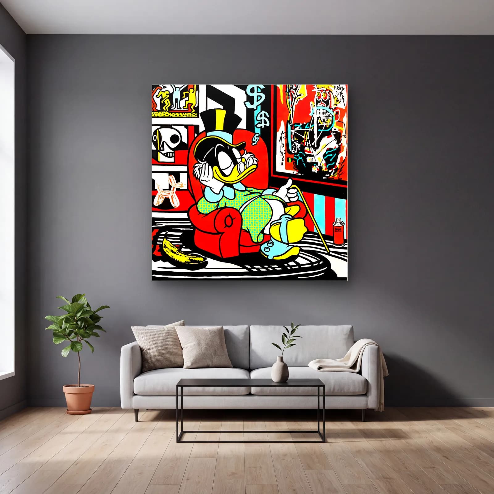 Koltukta Scrooge McDuck Pop Art cam tablo — gri duvarlı salonda