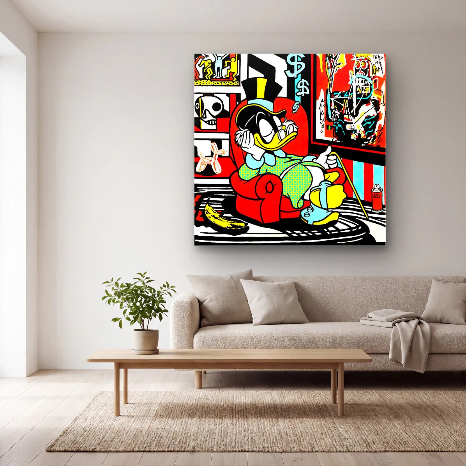 Koltukta Scrooge McDuck Pop Art cam tablo — açık renk salonda