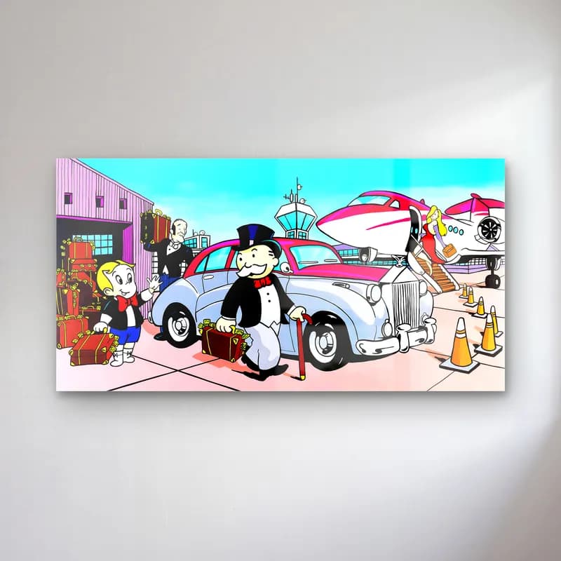 Monopoly Adamı Özel Jet cam tablo — Havalimanında beyaz klasik otomobil ve özel jet yanında Monopoly adamı ile çocuk
