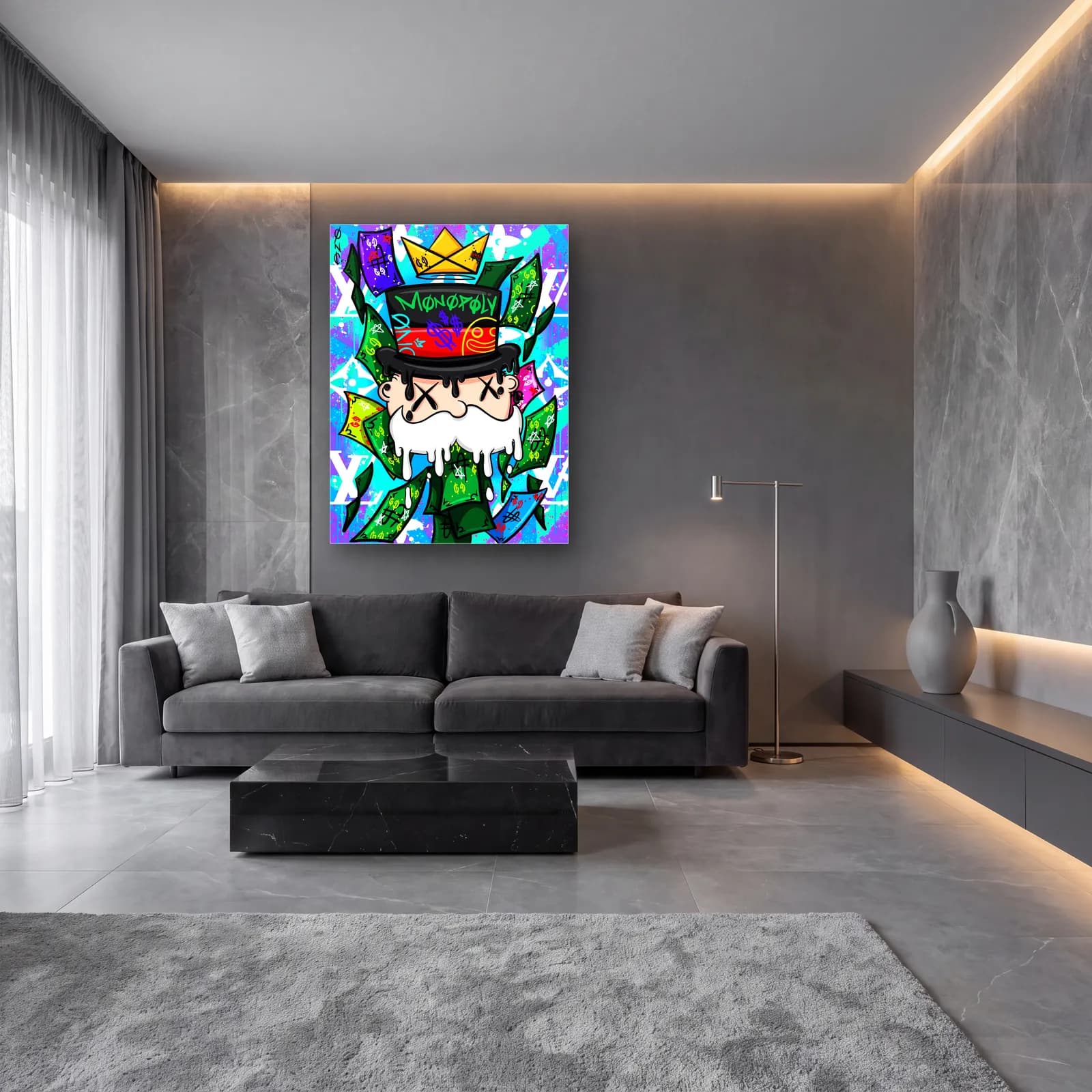 Taçlı Monopoly Adamı Neon cam tablo — lüks salon duvarında