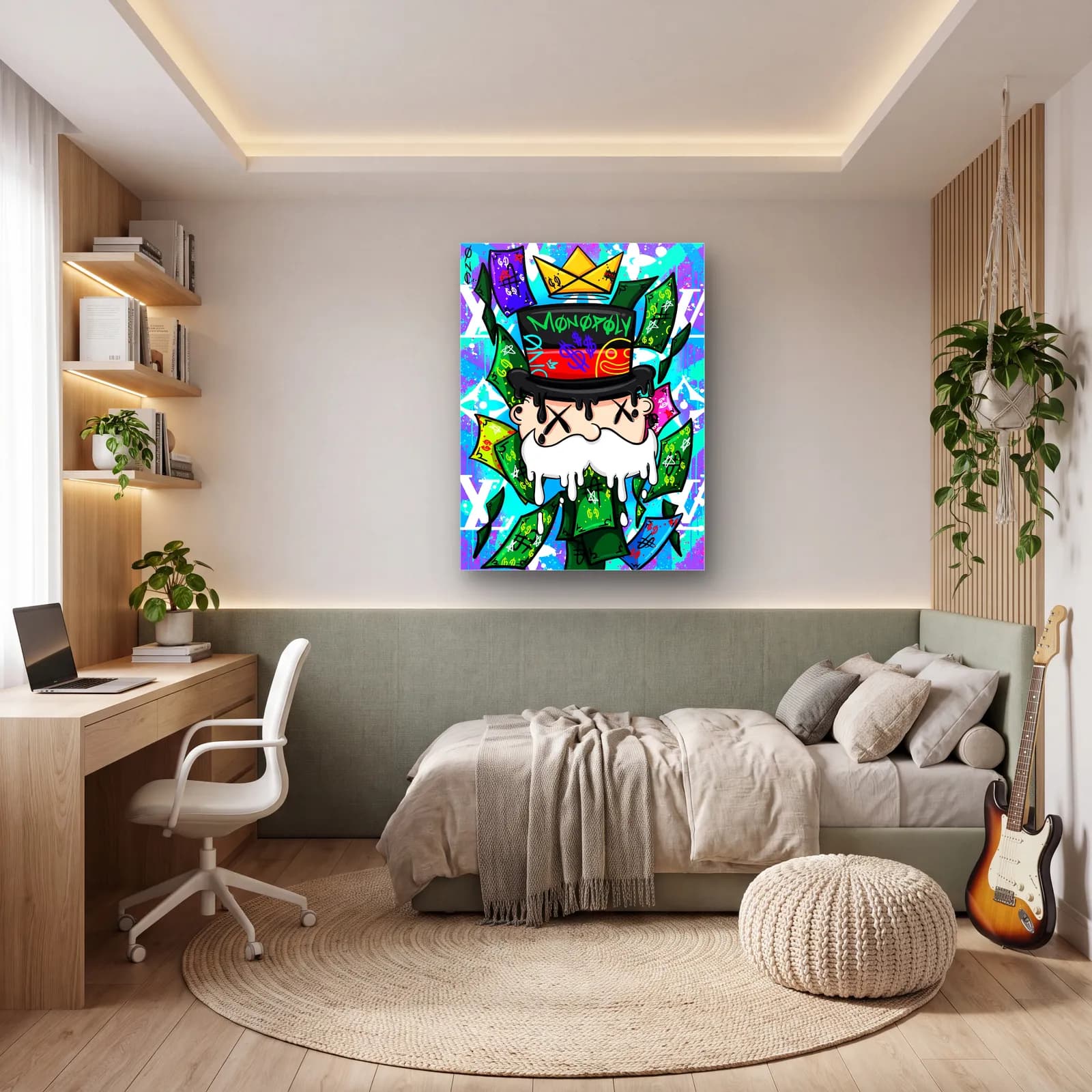 Taçlı Monopoly Adamı Neon cam tablo — genç odasında