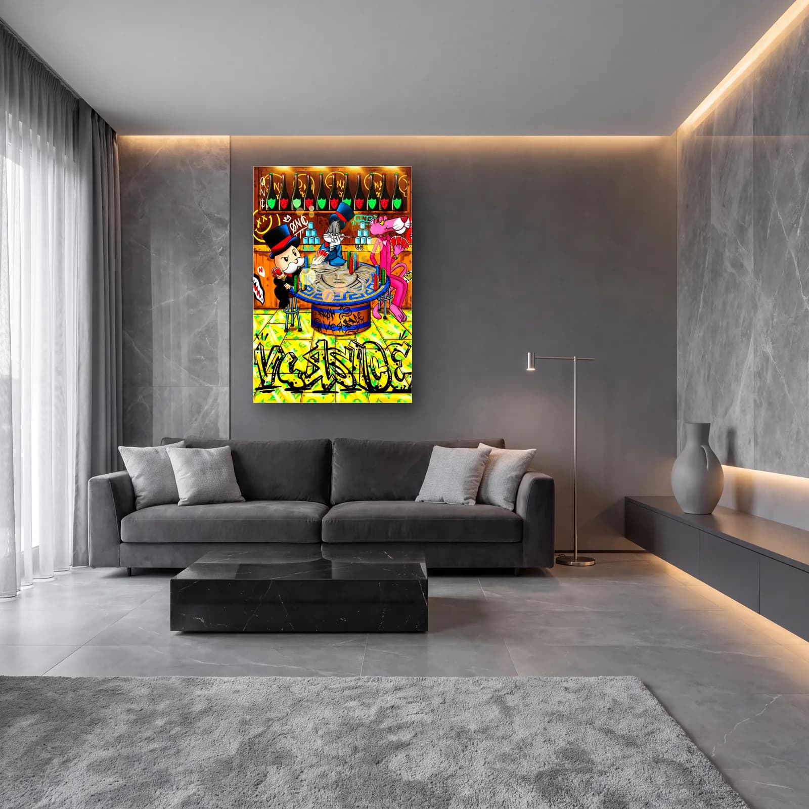Monopoly ve Bugs Bunny Masada cam tablo — lüks salon duvarında