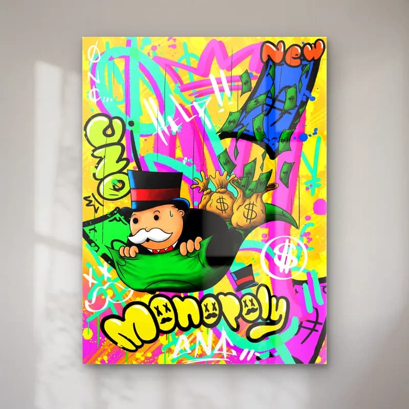 Para Çuvallı Monopoly Grafiti cam tablo — Sarı yeşil grafiti fonda dolar çuvallarının yanında uzanan Monopoly adamı