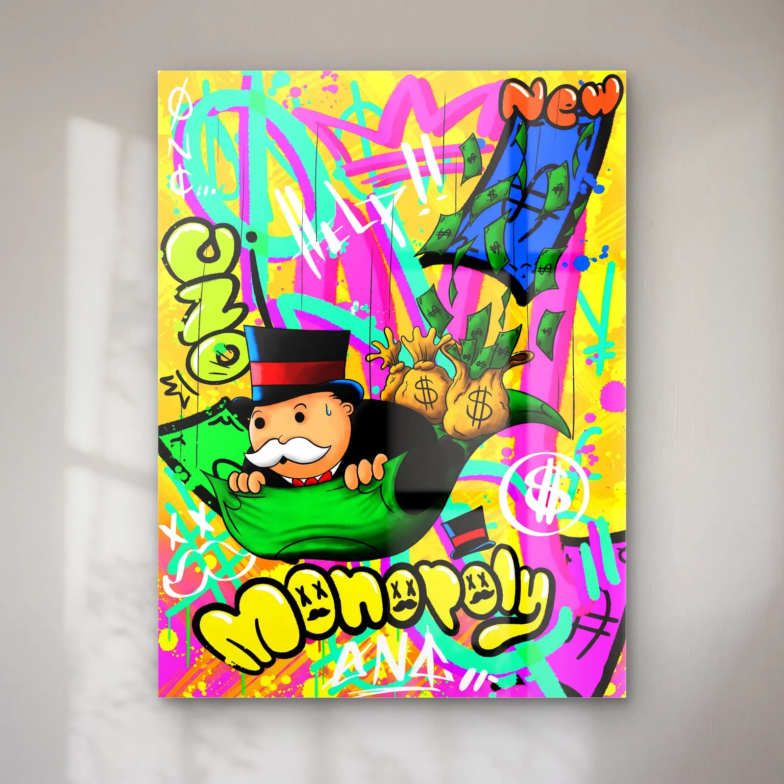 Para Çuvallı Monopoly Grafiti cam tablo — Sarı yeşil grafiti fonda dolar çuvallarının yanında uzanan Monopoly adamı