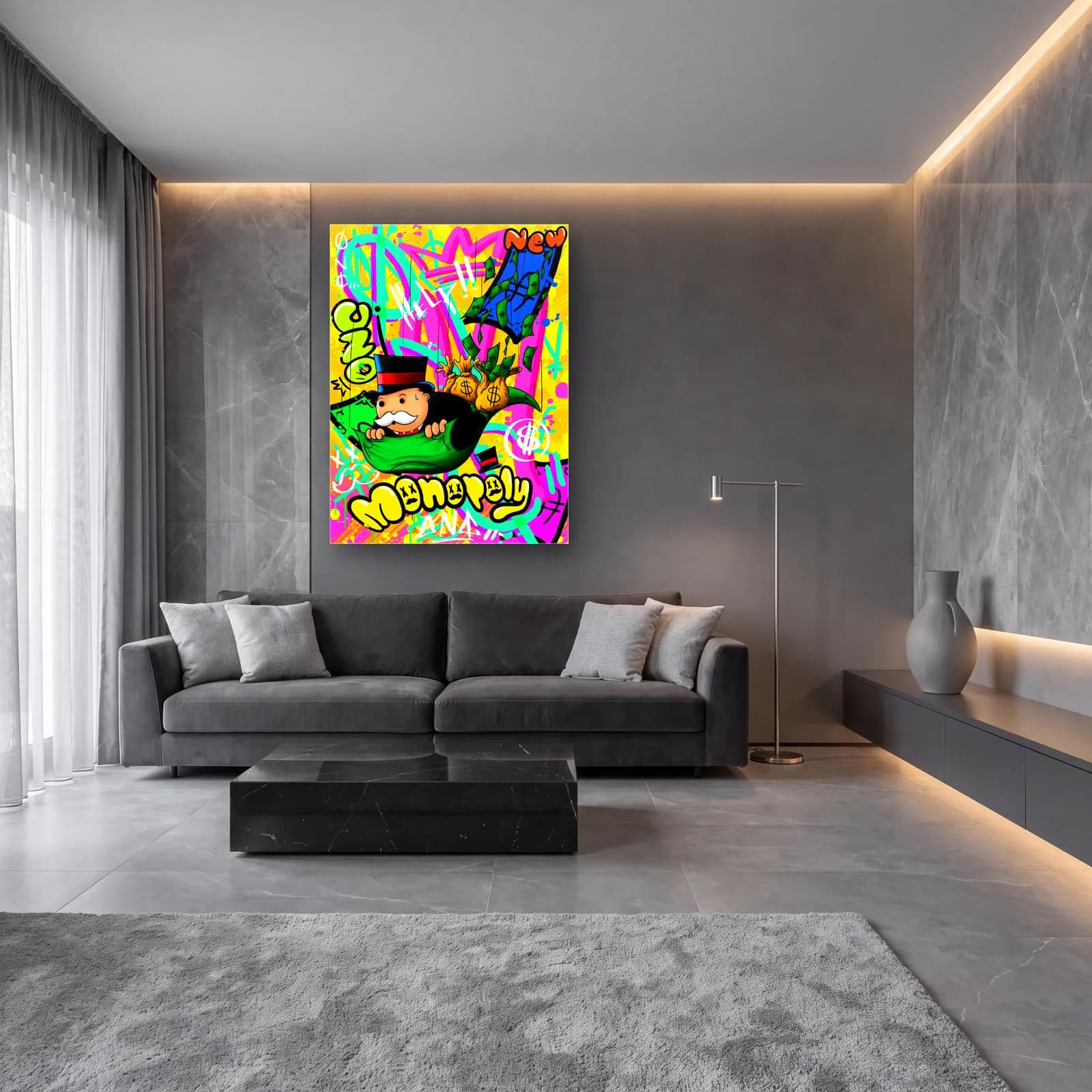 Para Çuvallı Monopoly Grafiti cam tablo — lüks salon duvarında