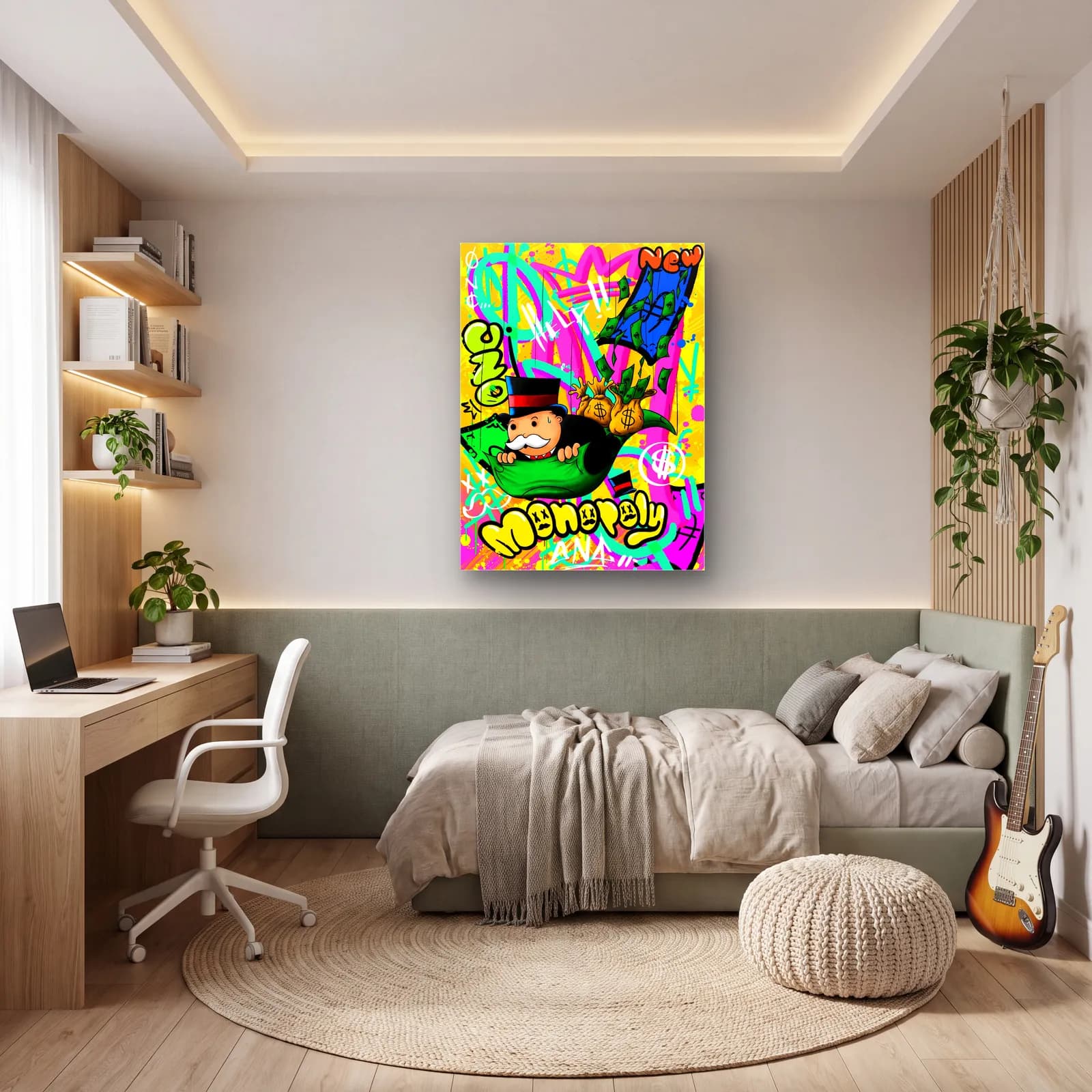 Para Çuvallı Monopoly Grafiti cam tablo — genç odasında