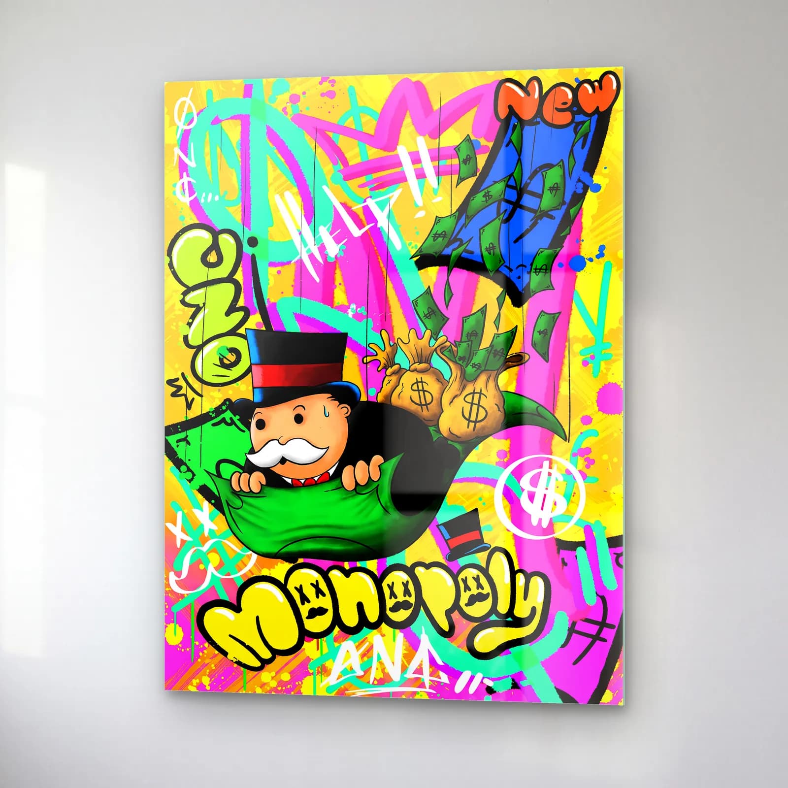 Para Çuvallı Monopoly Grafiti cam tablo — sağ açıdan görünüm