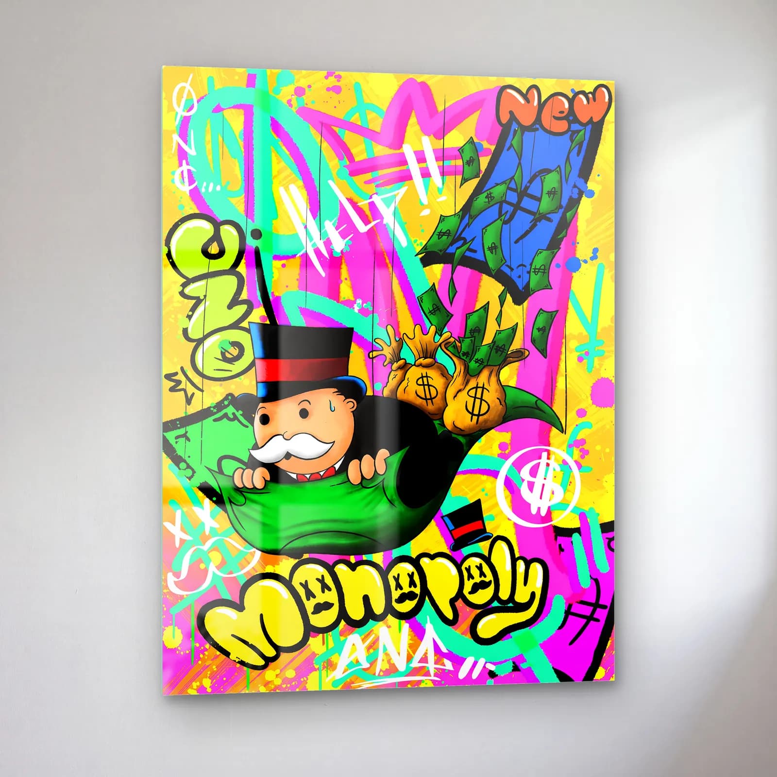Para Çuvallı Monopoly Grafiti cam tablo — sol açıdan görünüm