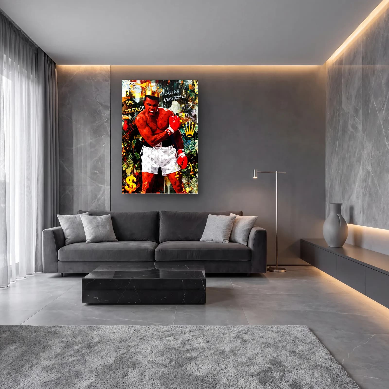 Muhammed Ali The Greatest cam tablo — lüks salon duvarında