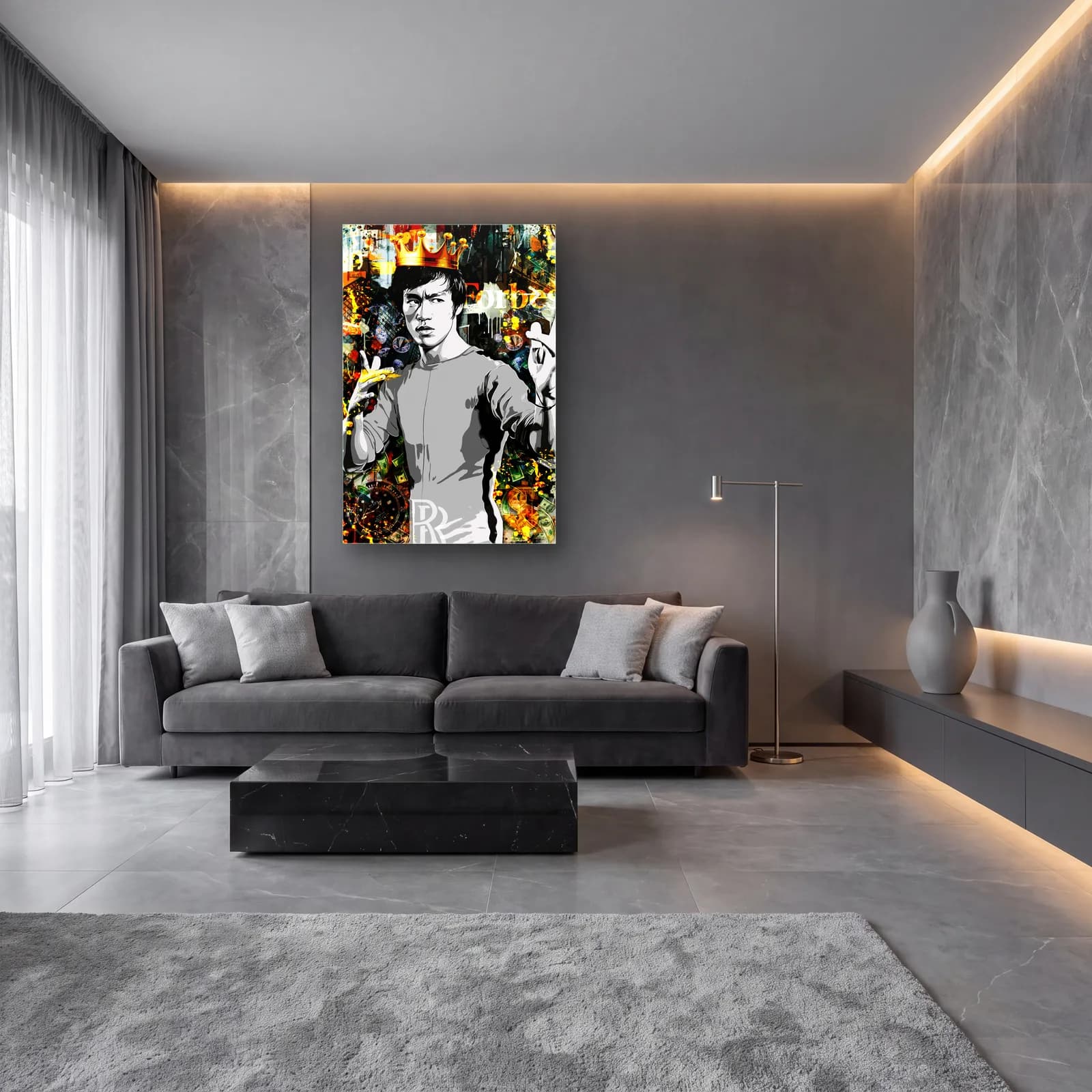 Taçlı Bruce Lee Kolaj cam tablo — lüks salon duvarında