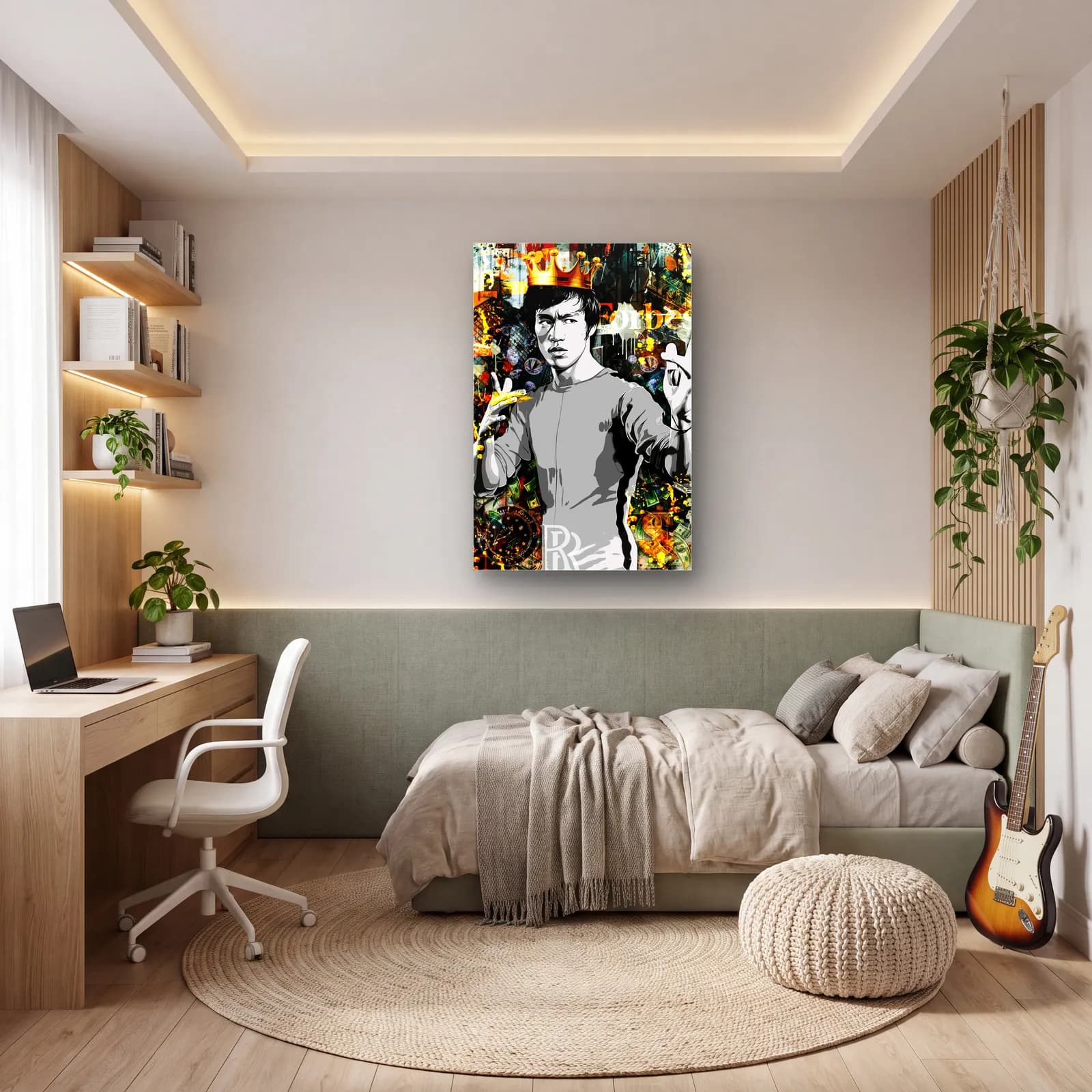 Taçlı Bruce Lee Kolaj cam tablo — genç odasında