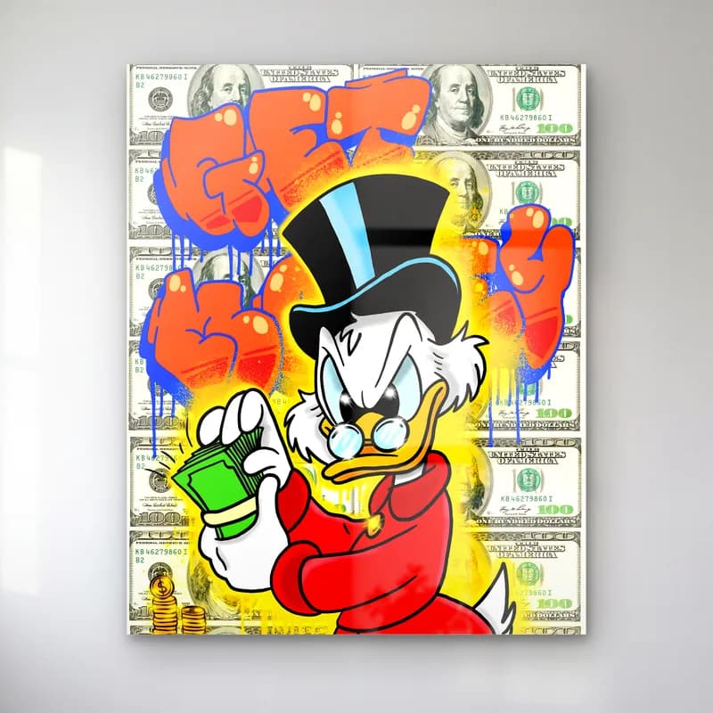 Get Money Scrooge Kırmızı cam tablo — Dolar fonda kırmızı ceketli, para tutan Scrooge McDuck ve renkli Get Money yazısı