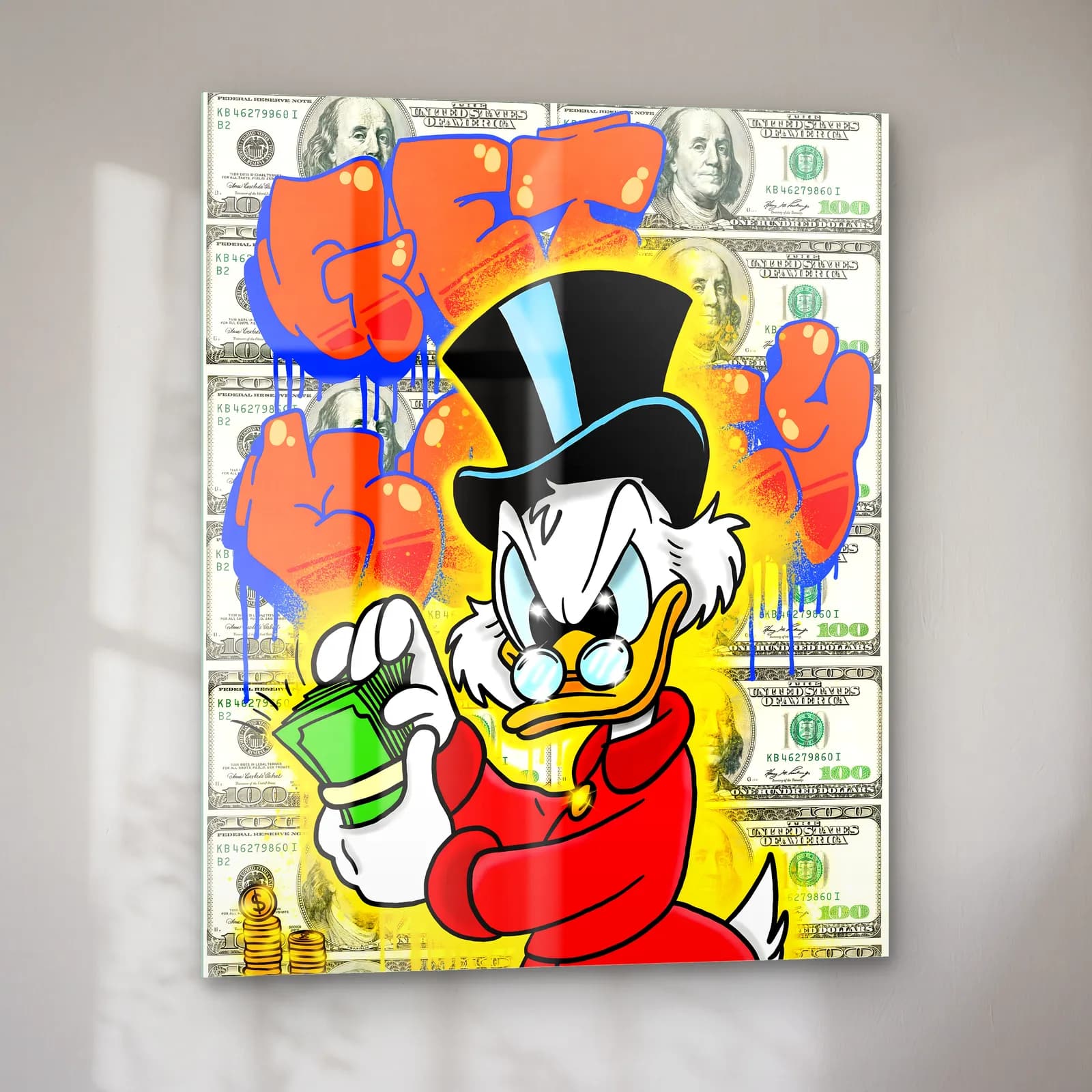 Get Money Scrooge Kırmızı cam tablo — sol açıdan görünüm