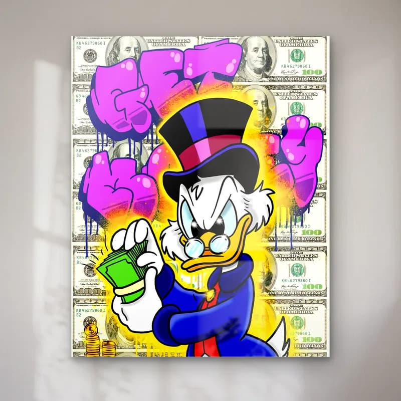 Get Money Scrooge Mavi cam tablo — Dolar fonda mavi ceketli, para tutan Scrooge McDuck ve mor Get Money yazısı