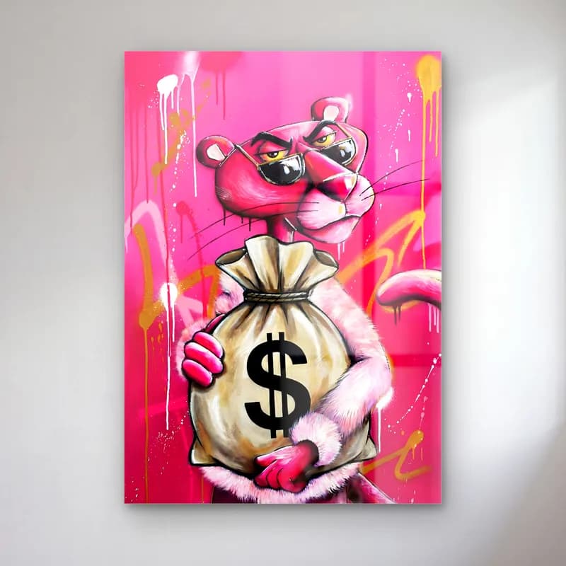 Para Çuvallı Pembe Panter cam tablo — Pembe grafiti fonda gözlüklü Pembe Panter elinde dolar işaretli para çuvalı