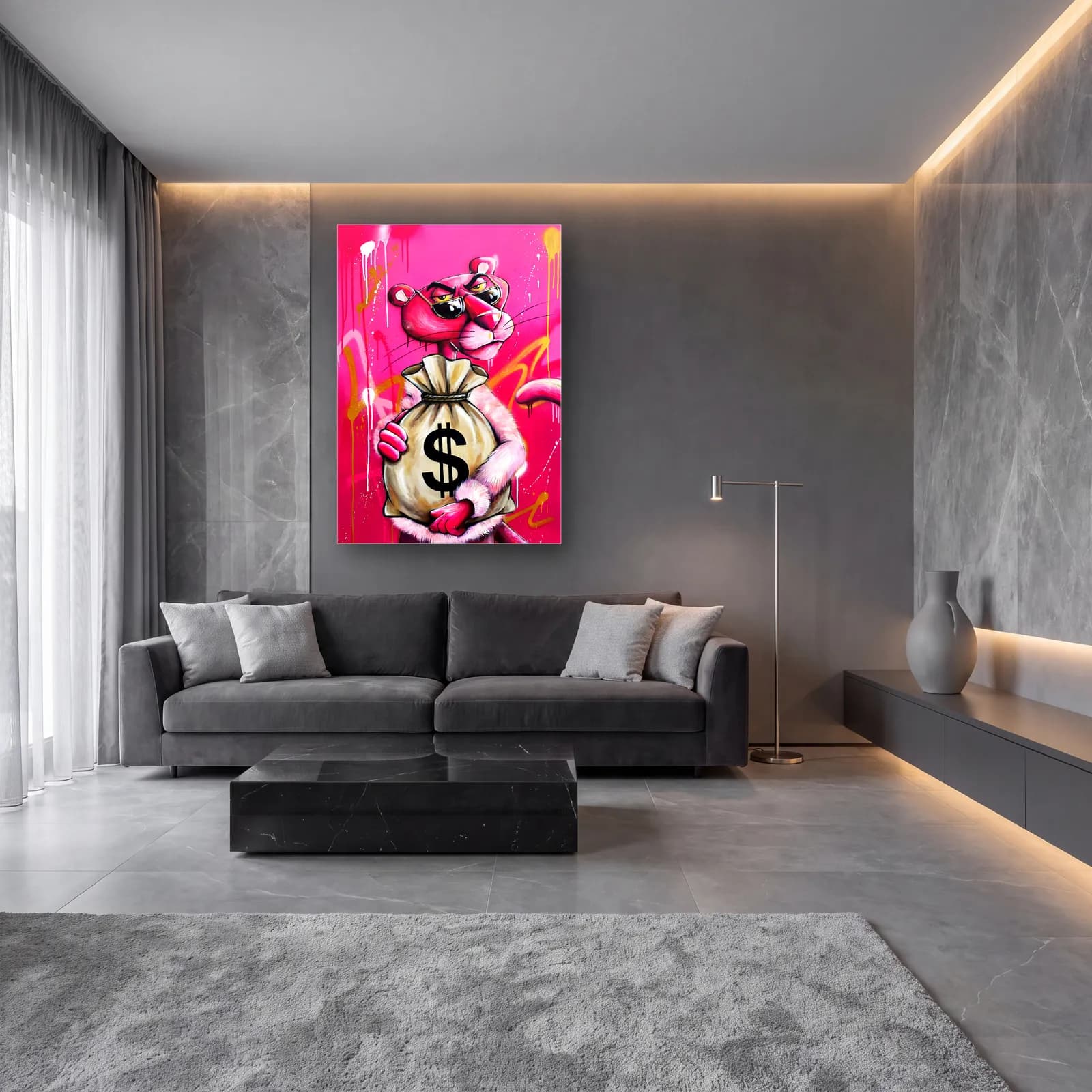 Para Çuvallı Pembe Panter cam tablo — lüks salon duvarında