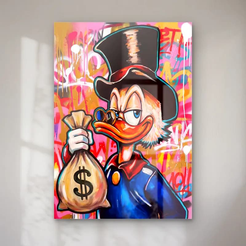 Silindir Şapkalı Scrooge Çuvallı cam tablo — Renkli grafiti fonda silindir şapkalı Scrooge McDuck elinde dolar çuvalı
