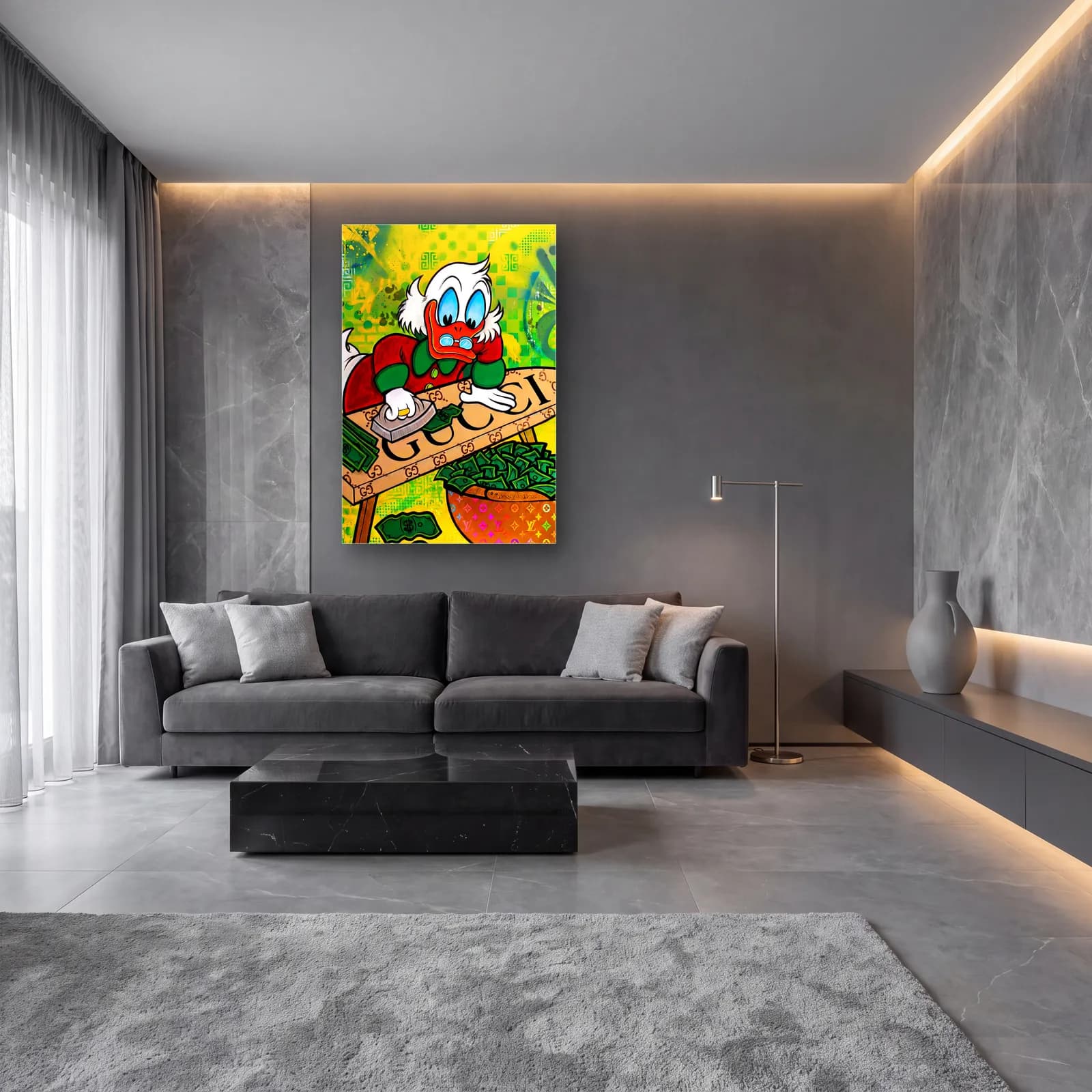 Para Ütüleyen Scrooge McDuck cam tablo — lüks salon duvarında
