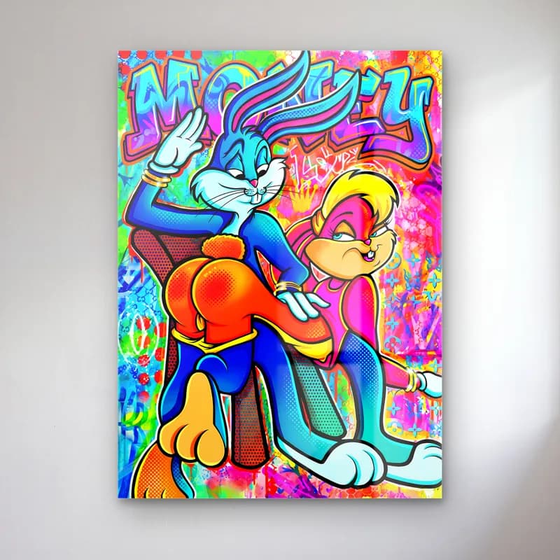 Money Bugs Bunny ve Lola Dans cam tablo — Neon renkli grafiti fonda dans eden mavi Bugs Bunny ve Lola Bunny
