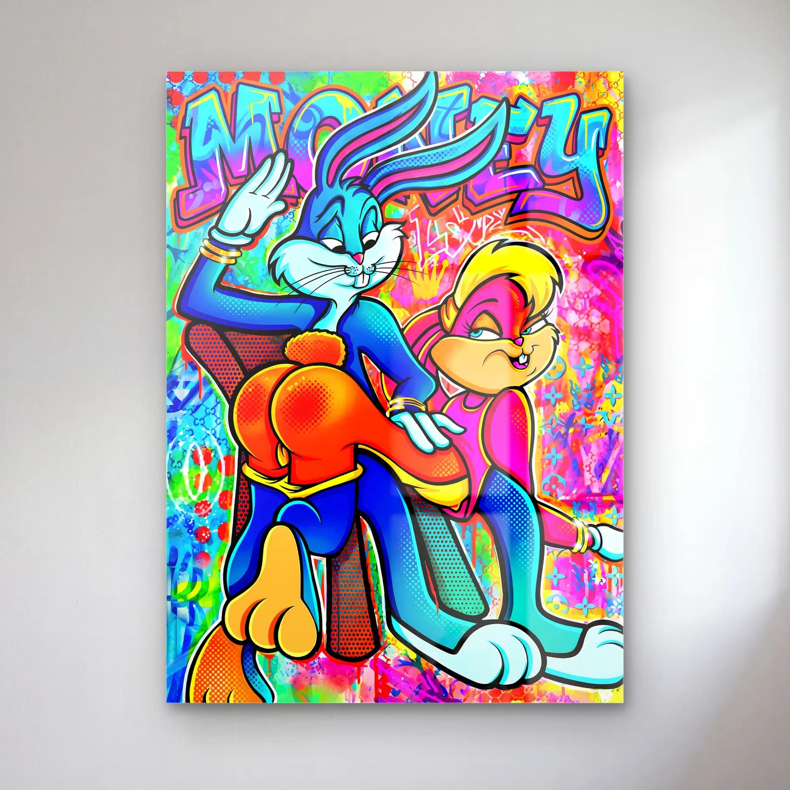 Money Bugs Bunny ve Lola Dans cam tablo — Neon renkli grafiti fonda dans eden mavi Bugs Bunny ve Lola Bunny