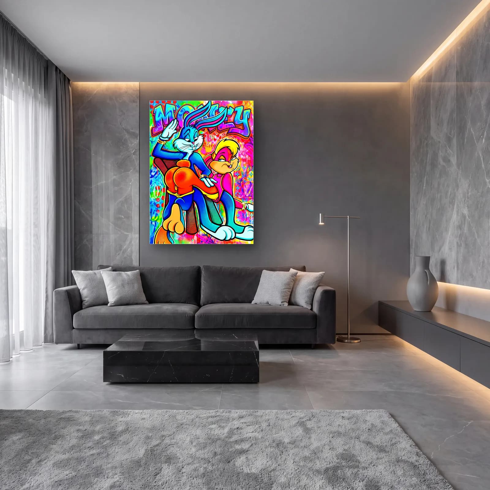 Money Bugs Bunny ve Lola Dans cam tablo — lüks salon duvarında