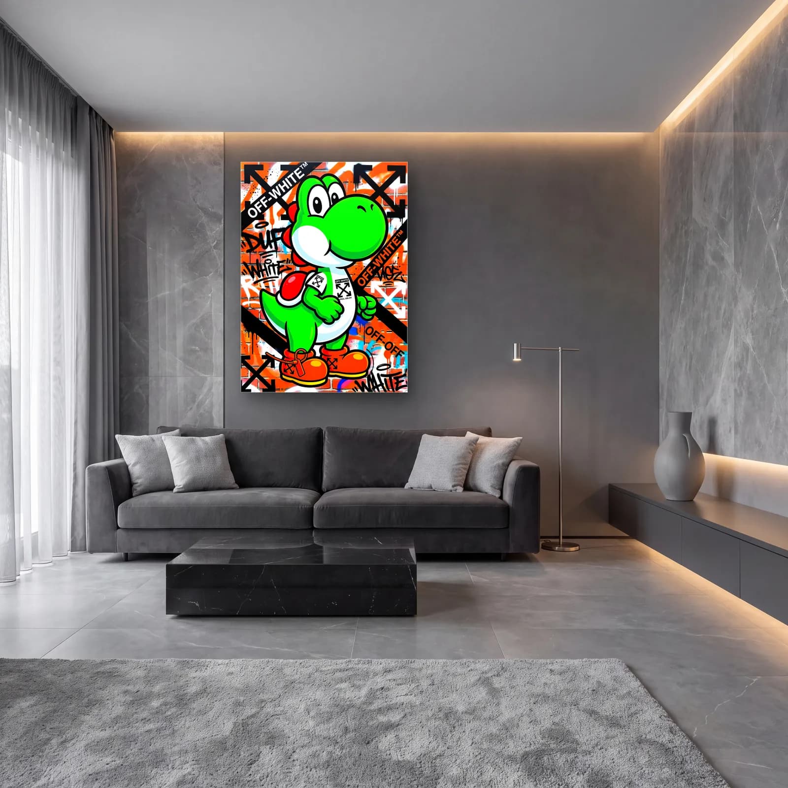 Off-White Desenli Yoshi cam tablo — lüks salon duvarında