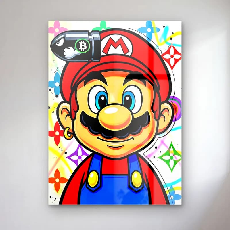 Louis Vuitton Desenli Mario cam tablo — Renkli monogram desenli fonda kırmızı şapkalı gülümseyen Mario portresi