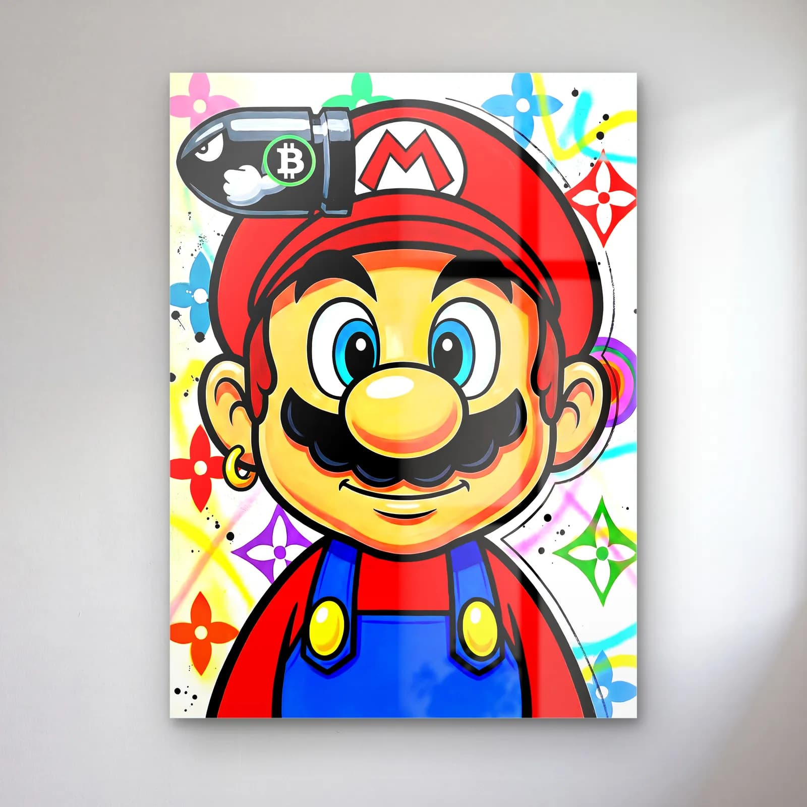 Louis Vuitton Desenli Mario cam tablo — Renkli monogram desenli fonda kırmızı şapkalı gülümseyen Mario portresi