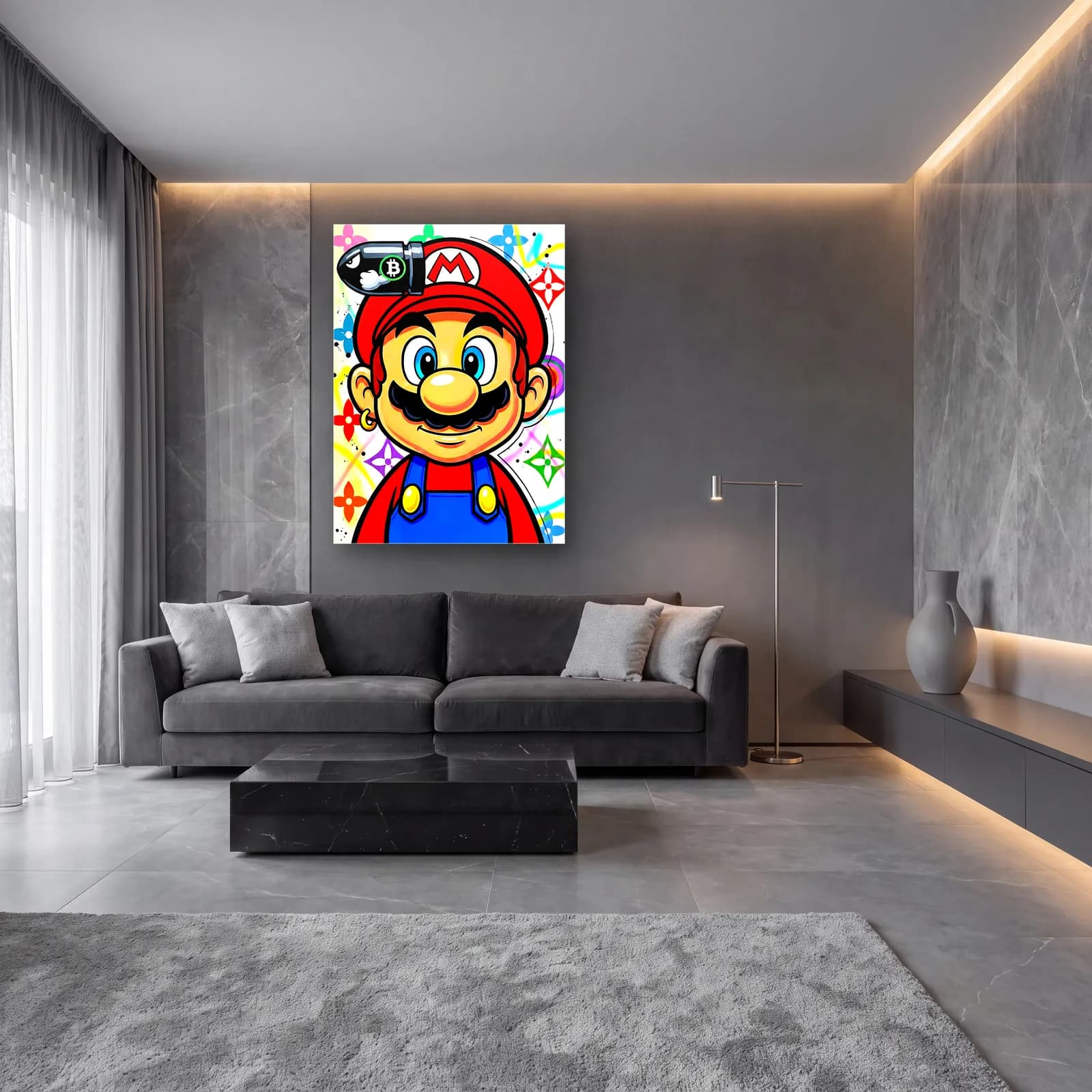 Louis Vuitton Desenli Mario cam tablo — lüks salon duvarında