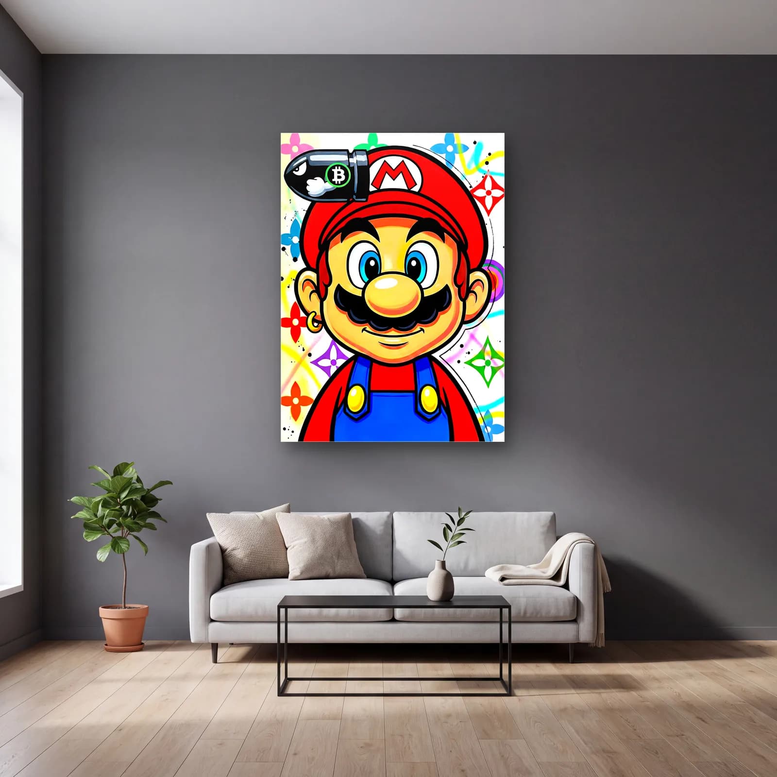 Louis Vuitton Desenli Mario cam tablo — gri duvarlı salonda