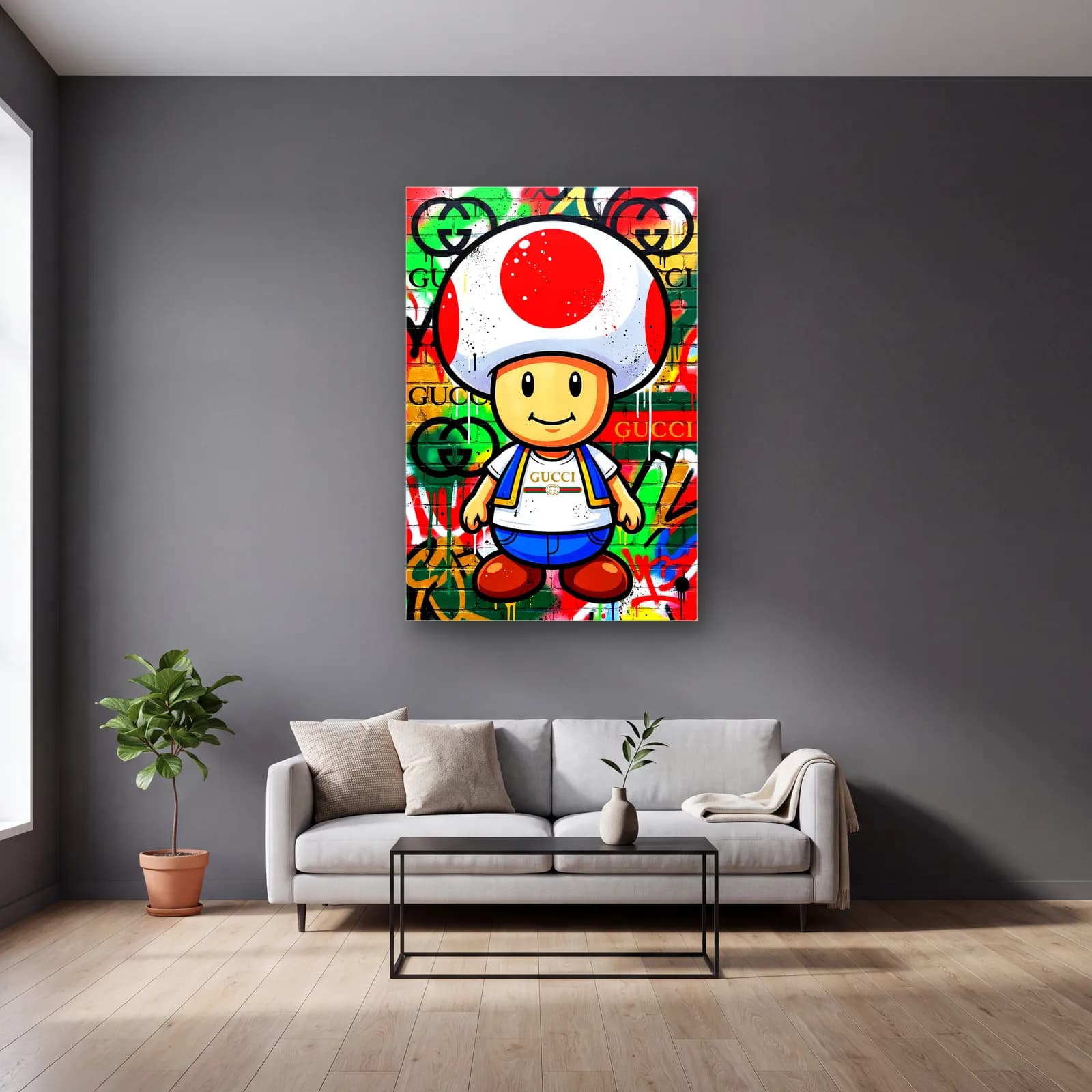 Gucci Desenli Toad cam tablo — gri duvarlı salonda