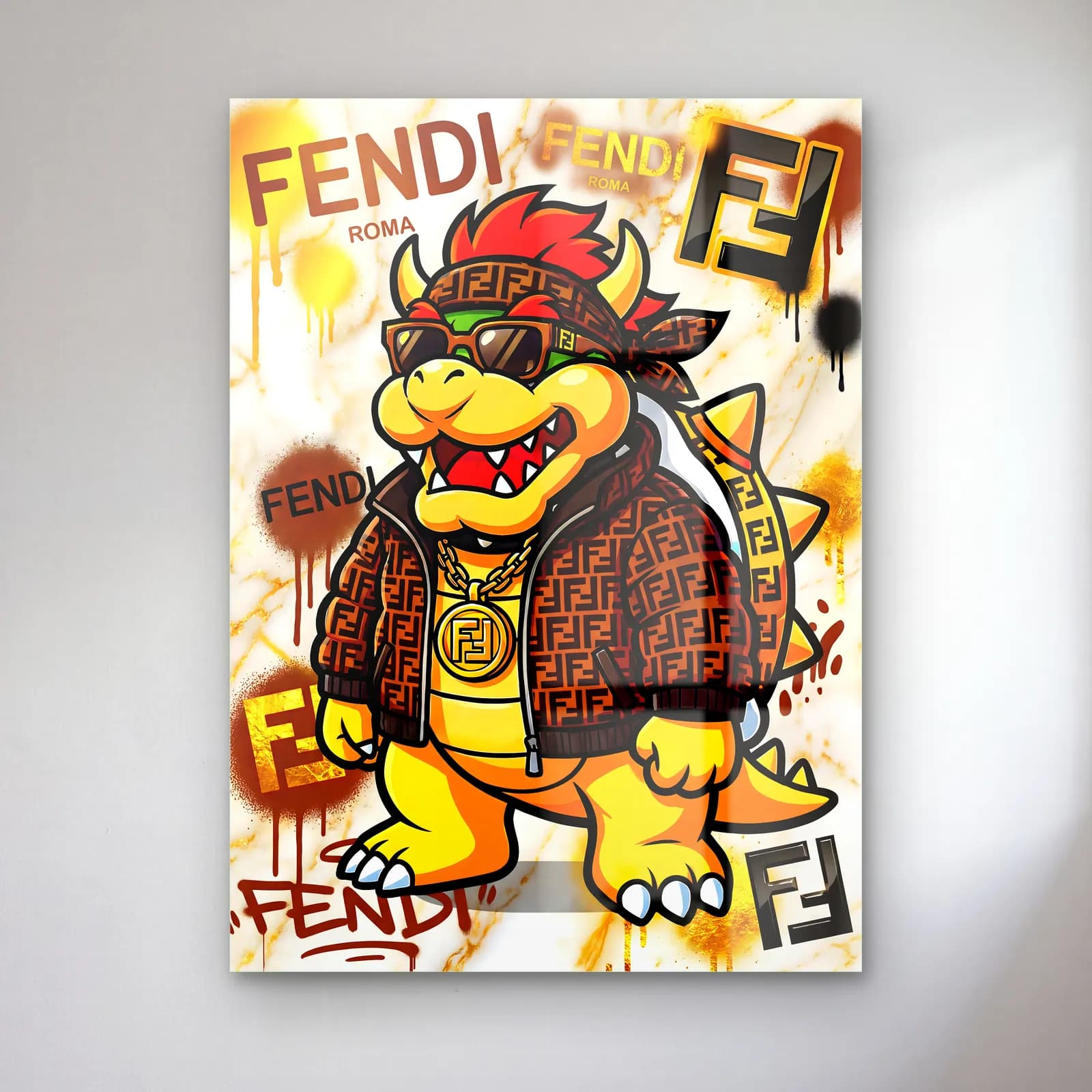 Fendi Desenli Bowser cam tablo — Fendi logolu fonda kahverengi monogram ceketli, gözlüklü Bowser