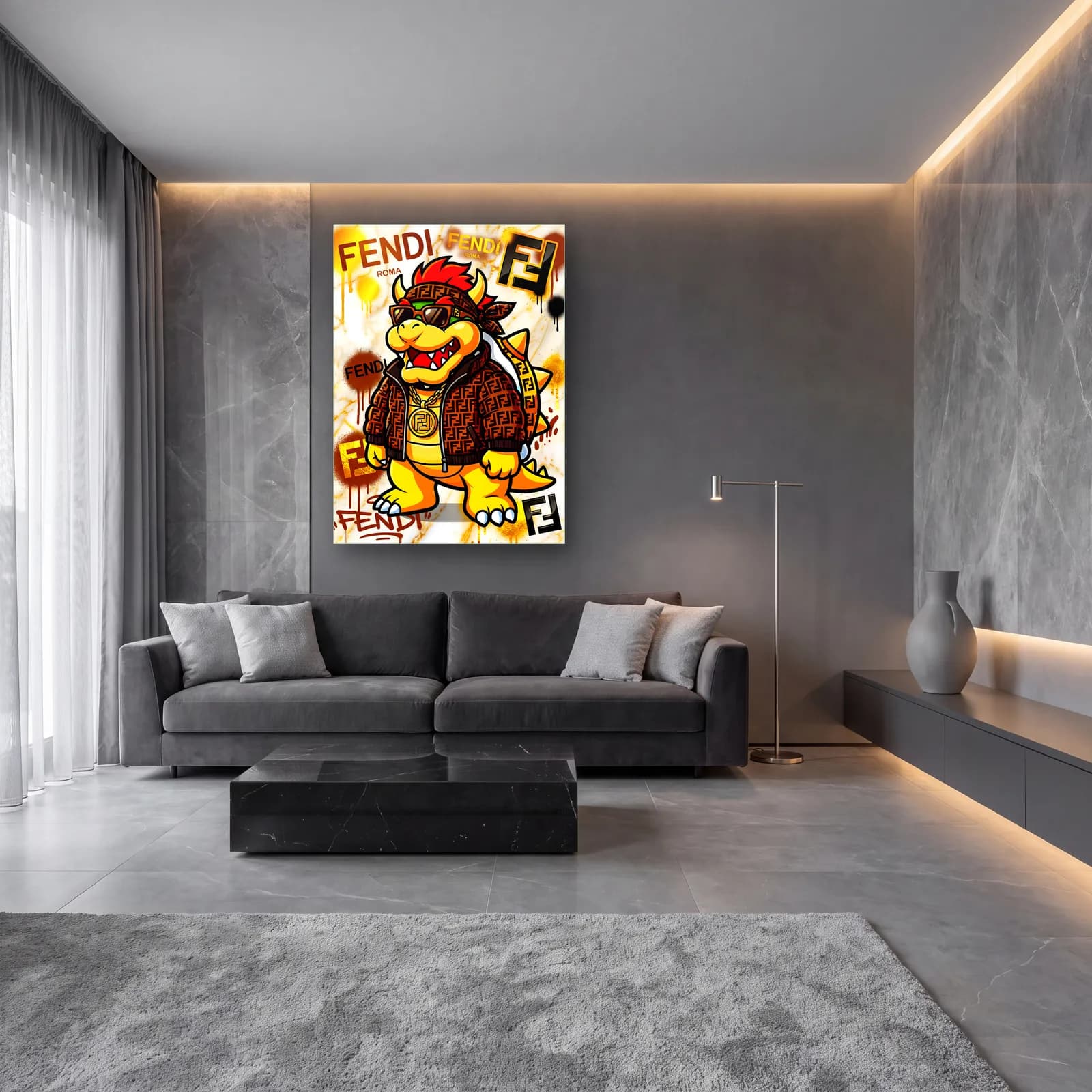 Fendi Desenli Bowser cam tablo — lüks salon duvarında